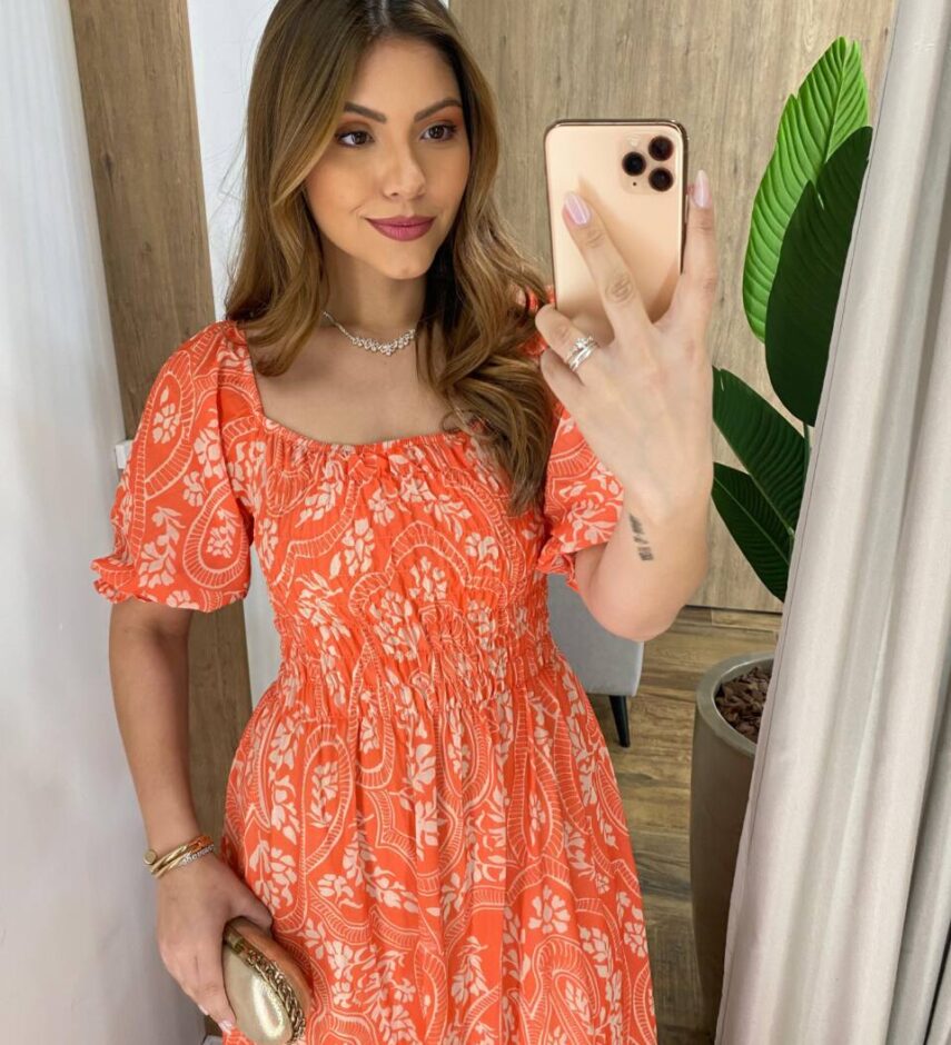 Vestido Longo sem Bojo Lavínia com Lastex Estampado Laranja - Fernanda Ramos Store