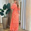 Vestido Longo sem Bojo Lavínia com Lastex Estampado Laranja - Fernanda Ramos Store