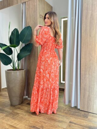 Vestido Longo sem Bojo Lavínia com Lastex Estampado Laranja - Fernanda Ramos Store