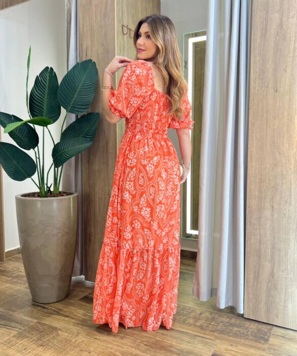 Vestido Longo sem Bojo Lavínia com Lastex Estampado Laranja - Fernanda Ramos Store