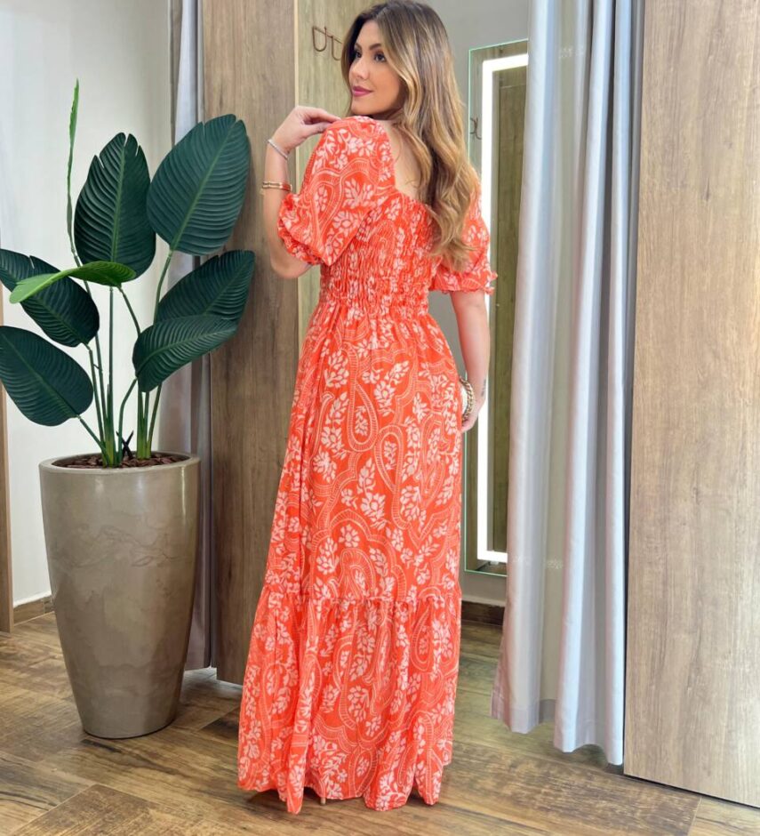 Vestido Longo sem Bojo Lavínia com Lastex Estampado Laranja - Fernanda Ramos Store