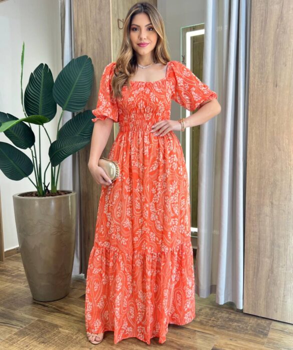 Vestido Longo sem Bojo Lavínia com Lastex Estampado Laranja - Fernanda Ramos Store