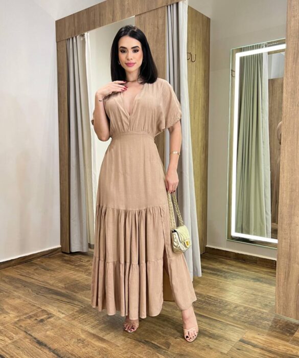 Vestido Longo Melina sem Bojo Manga Curta Bege com Fenda - Fernanda Ramos Store