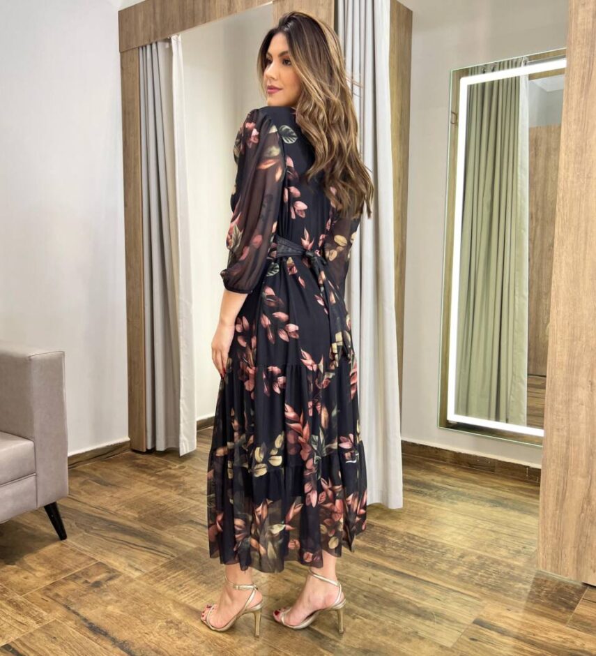 Vestido Midi Alice Tule sem Bojo Preto Estampado com Amarração - Fernanda Ramos Store
