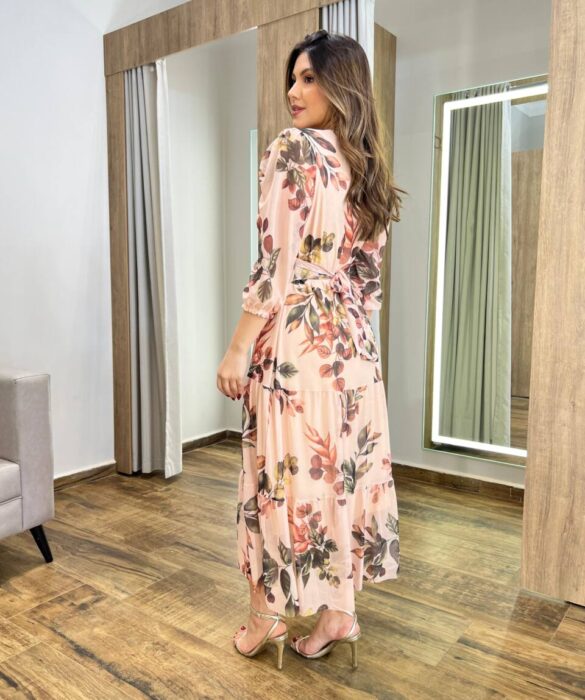 Vestido Midi Alice Tule sem Bojo Rosé Estampado com Amarração - Fernanda Ramos Store