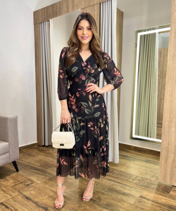 Vestido Midi Alice Tule sem Bojo Preto Estampado com Amarração - Fernanda Ramos Store