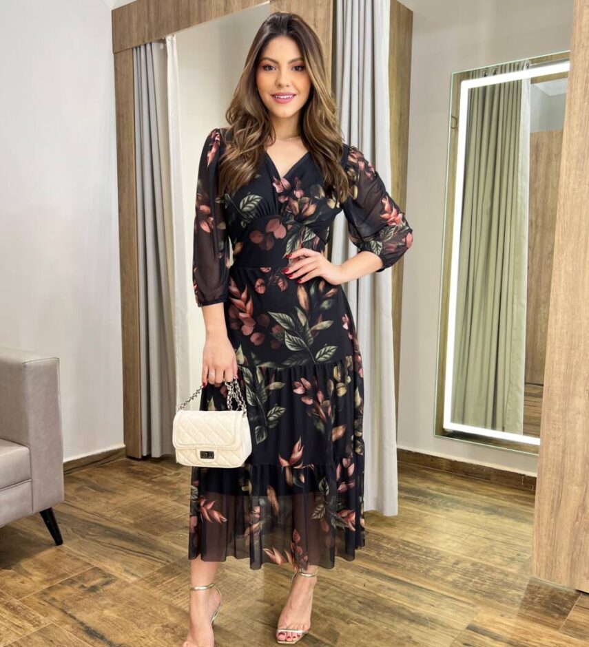 Vestido Midi Alice Tule sem Bojo Preto Estampado com Amarração - Fernanda Ramos Store