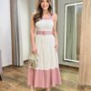 Vestido Midi Ana com Bojo e Cinto Cru com Detalhe Rosé - Fernanda Ramos Store