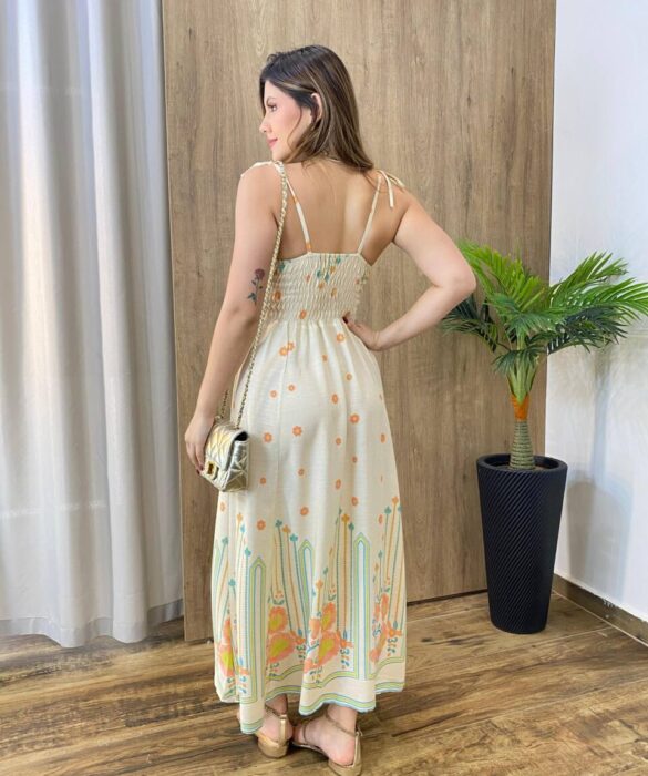 Vestido Midi Chloe sem Bojo com Amarração nas Alças Estampado Cru - Fernanda Ramos Store