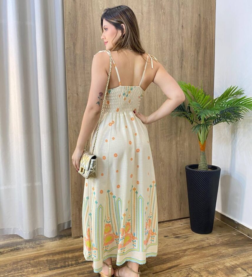 Vestido Midi Chloe sem Bojo com Amarração nas Alças Estampado Cru - Fernanda Ramos Store