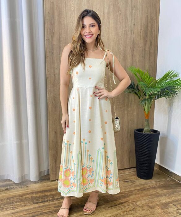 Vestido Midi Chloe sem Bojo com Amarração nas Alças Estampado Cru - Fernanda Ramos Store