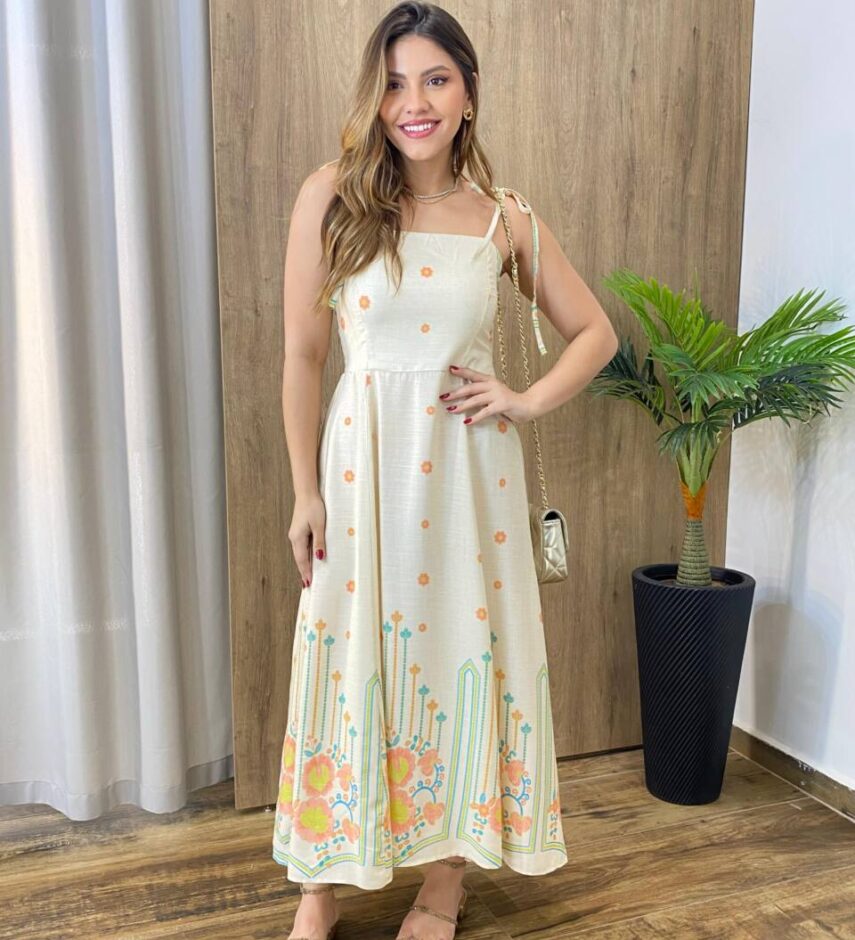 Vestido Midi Chloe sem Bojo com Amarração nas Alças Estampado Cru - Fernanda Ramos Store