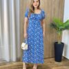 Vestido Midi Elo Manga Curta com Bojo e Fenda Azul Estampado - Fernanda Ramos Store