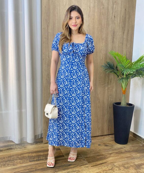 Vestido Midi Elo Manga Curta com Bojo e Fenda Azul Estampado - Fernanda Ramos Store