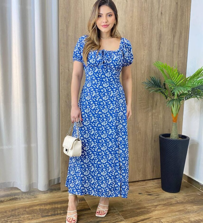 Vestido Midi Elo Manga Curta com Bojo e Fenda Azul Estampado - Fernanda Ramos Store