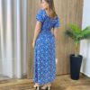 Vestido Midi Elo Manga Curta com Bojo e Fenda Azul Estampado - Fernanda Ramos Store