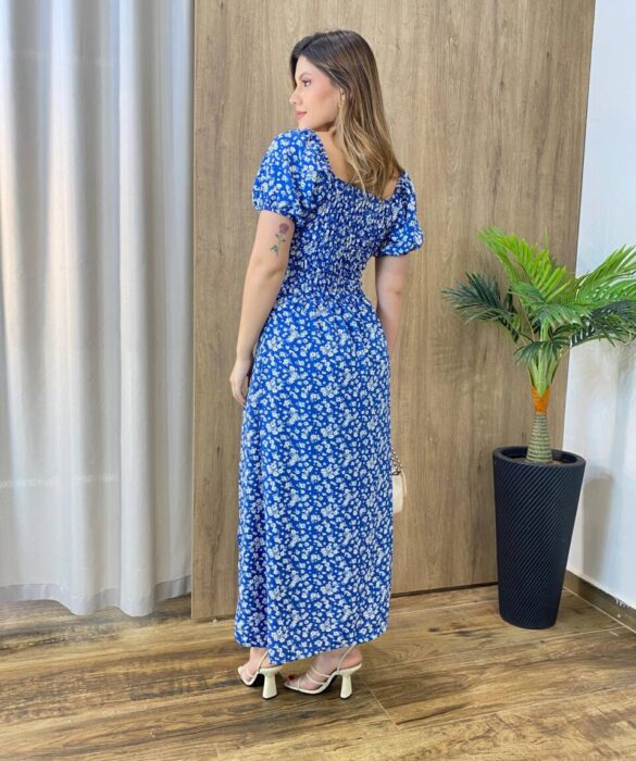 Vestido Midi Elo Manga Curta com Bojo e Fenda Azul Estampado - Fernanda Ramos Store