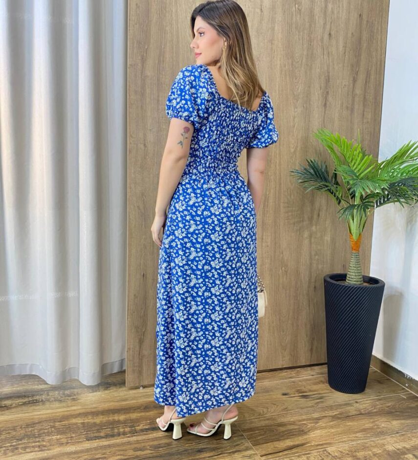Vestido Midi Elo Manga Curta com Bojo e Fenda Azul Estampado - Fernanda Ramos Store