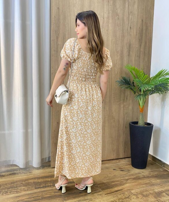 Vestido Midi Elo Manga Curta com Bojo e Fenda Bege Estampado - Fernanda Ramos Store