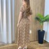 Vestido Midi Elo Manga Curta com Bojo e Fenda Marrom Estampado - Fernanda Ramos Store