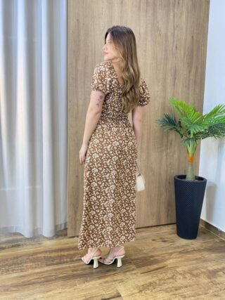 Vestido Midi Elo Manga Curta com Bojo e Fenda Marrom Estampado - Fernanda Ramos Store