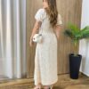 Vestido Midi Elo Manga Curta com Bojo e Fenda Off White Estampado - Fernanda Ramos Store