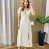 Vestido Midi Elo Manga Curta com Bojo e Fenda Off White Estampado - Fernanda Ramos Store