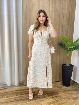 Vestido Midi Elo Manga Curta com Bojo e Fenda Off White Estampado - Fernanda Ramos Store