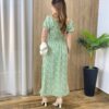 Vestido Midi Elo Manga Curta com Bojo e Fenda Verde Estampado - Fernanda Ramos Store