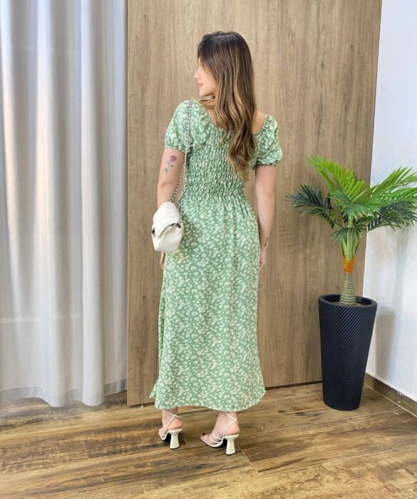 Vestido Midi Elo Manga Curta com Bojo e Fenda Verde Estampado - Fernanda Ramos Store