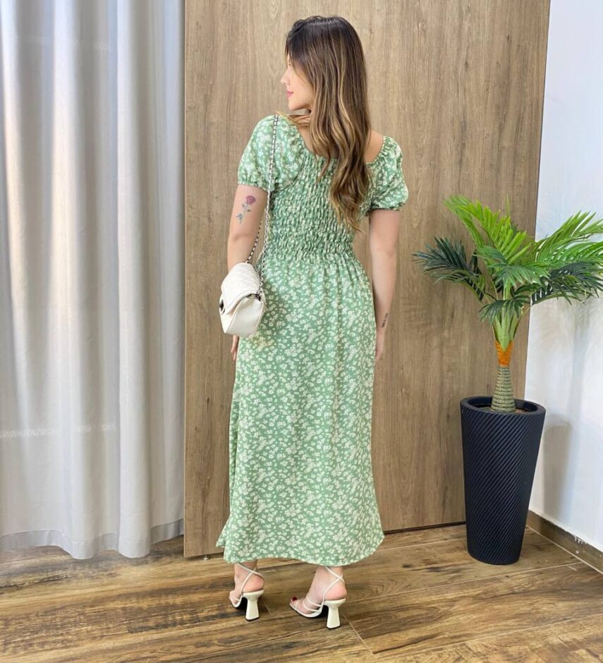 Vestido Midi Elo Manga Curta com Bojo e Fenda Verde Estampado - Fernanda Ramos Store