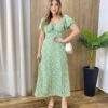 Vestido Midi Elo Manga Curta com Bojo e Fenda Verde Estampado - Fernanda Ramos Store