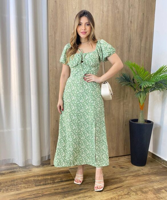 Vestido Midi Elo Manga Curta com Bojo e Fenda Verde Estampado - Fernanda Ramos Store