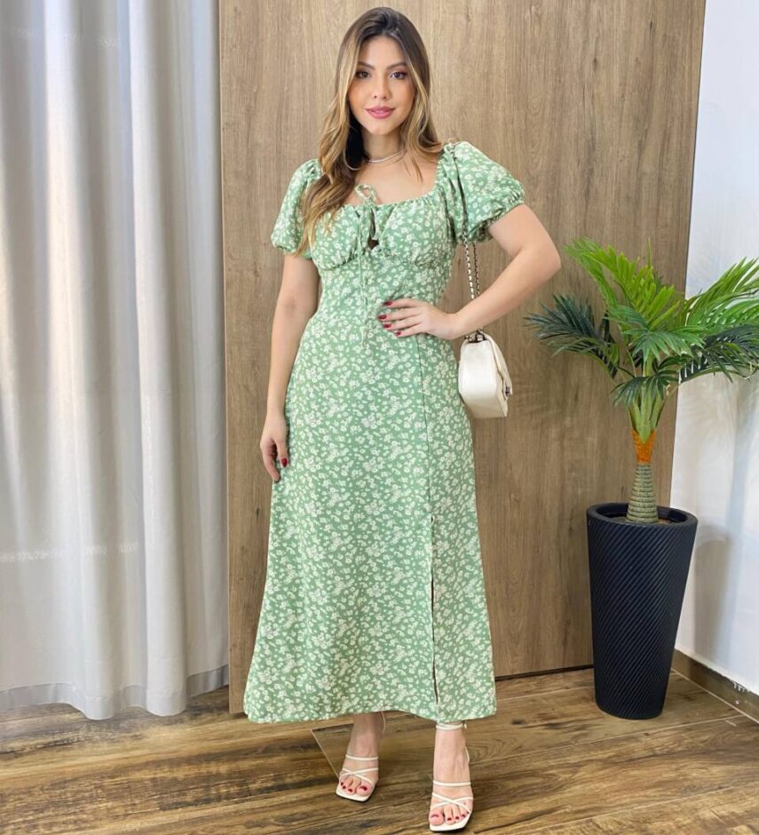 Vestido Midi Elo Manga Curta com Bojo e Fenda Verde Estampado - Fernanda Ramos Store