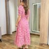 Vestido Midi Ingrid Laise com Bojo Manga Princesa Bordado Rosa - Fernanda Ramos Store