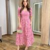 Vestido Midi Ingrid Laise com Bojo Manga Princesa Bordado Rosa - Fernanda Ramos Store