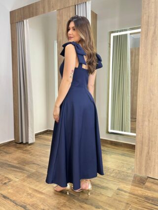 Vestido Midi Jade com Bojo Azul Marinho Detalhe de Laço nas Alças - Fernanda Ramos Store