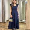 Vestido Midi Jade com Bojo Azul Marinho Detalhe de Laço nas Alças - Fernanda Ramos Store