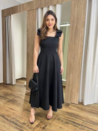 Vestido Midi Jade com Bojo Preto Detalhe de Laço nas Alças - Fernanda Ramos Store