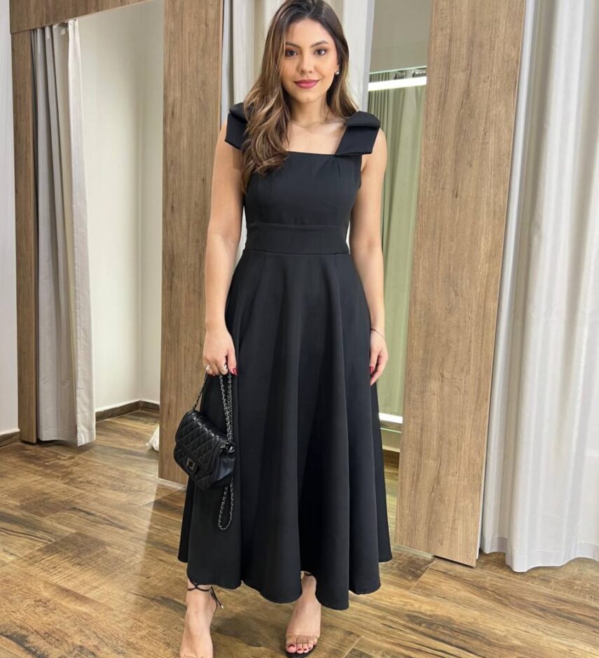 Vestido Midi Jade com Bojo Preto Detalhe de Laço nas Alças - Fernanda Ramos Store