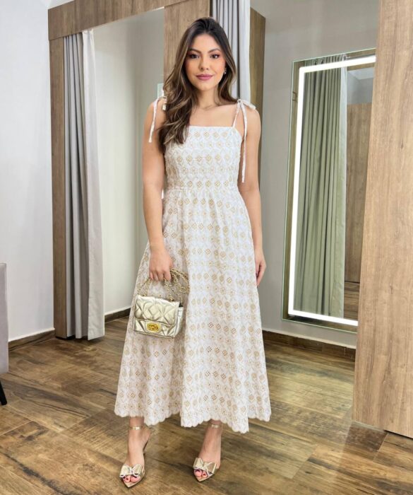 Vestido Midi Laise Off White sem Bojo Bordado Amarração nas Alças - Fernanda Ramos Store