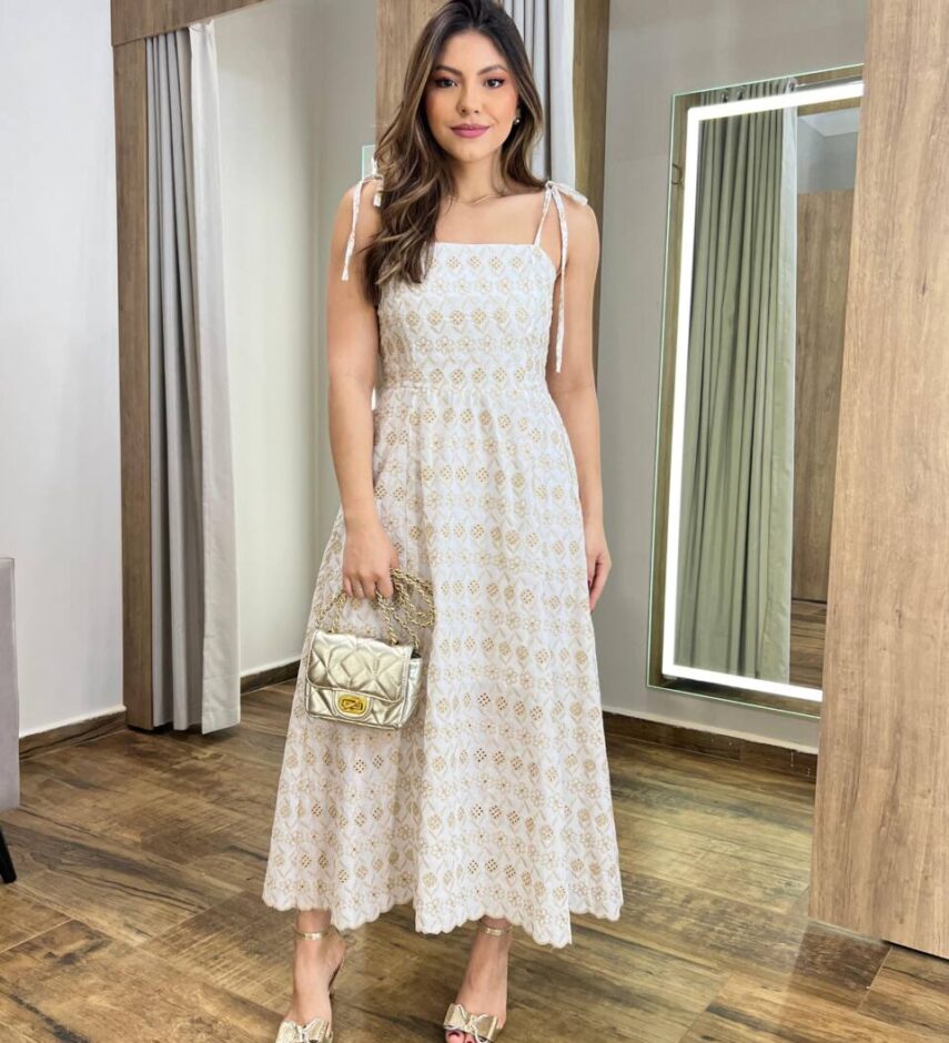 Vestido Midi Laise Off White sem Bojo Bordado Amarração nas Alças - Fernanda Ramos Store