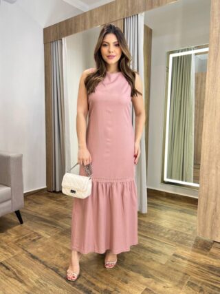 Vestido Midi Lara Viscolinho sem Bojo Rosé Detalhe em Guipir - Fernanda Ramos Store