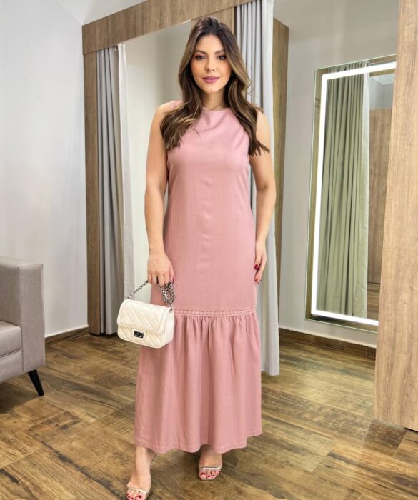 Vestido Midi Lara Viscolinho sem Bojo Rosé Detalhe em Guipir - Fernanda Ramos Store