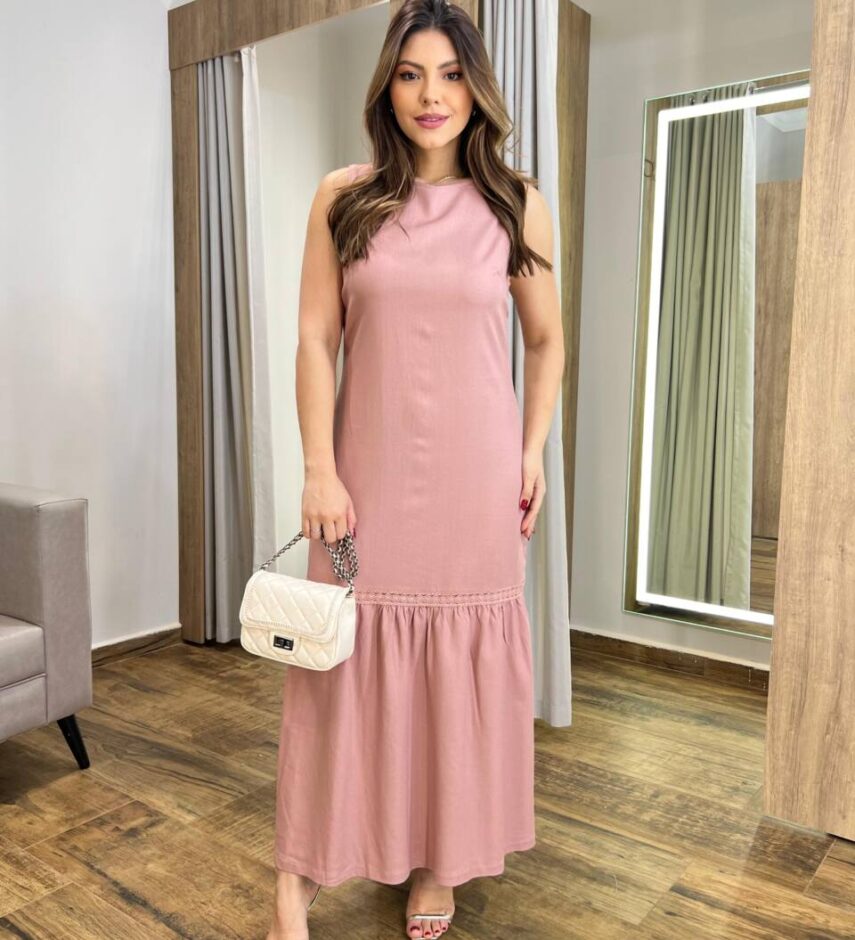Vestido Midi Lara Viscolinho sem Bojo Rosé Detalhe em Guipir - Fernanda Ramos Store