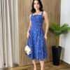 Vestido Midi Louise sem Bojo com Amarração Atrás Azul Estampado - Fernanda Ramos Store