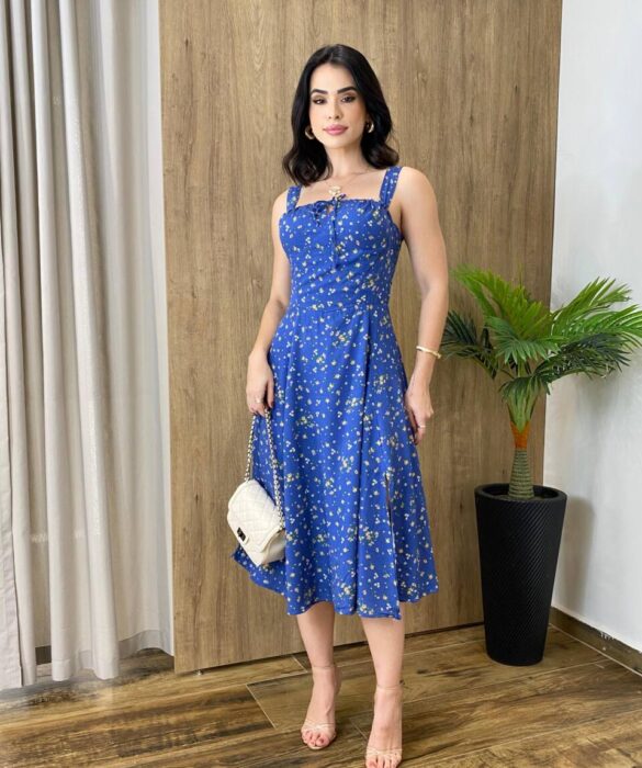 Vestido Midi Louise sem Bojo com Amarração Atrás Azul Estampado - Fernanda Ramos Store