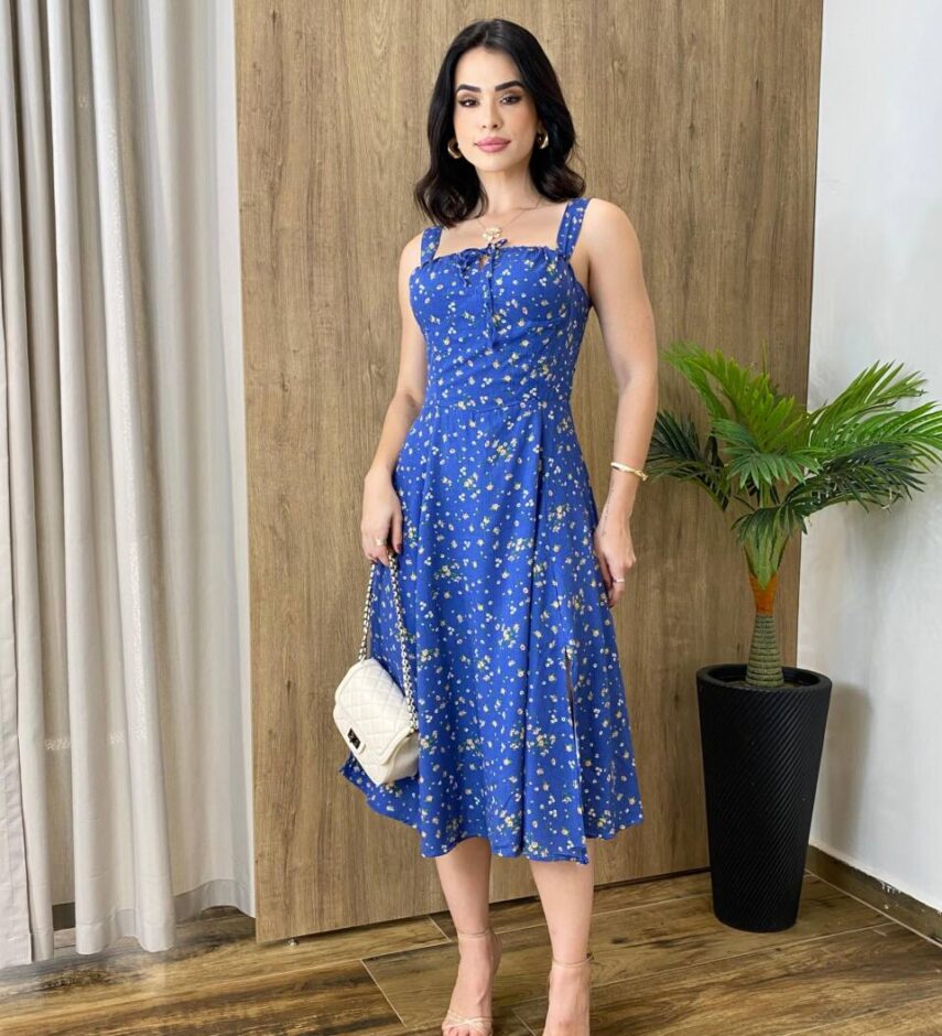 Vestido Midi Louise sem Bojo com Amarração Atrás Azul Estampado - Fernanda Ramos Store