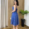 Vestido Midi Louise sem Bojo com Amarração Atrás Azul Estampado - Fernanda Ramos Store