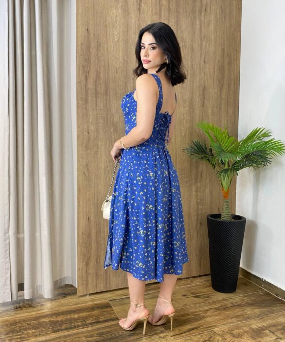 Vestido Midi Louise sem Bojo com Amarração Atrás Azul Estampado - Fernanda Ramos Store